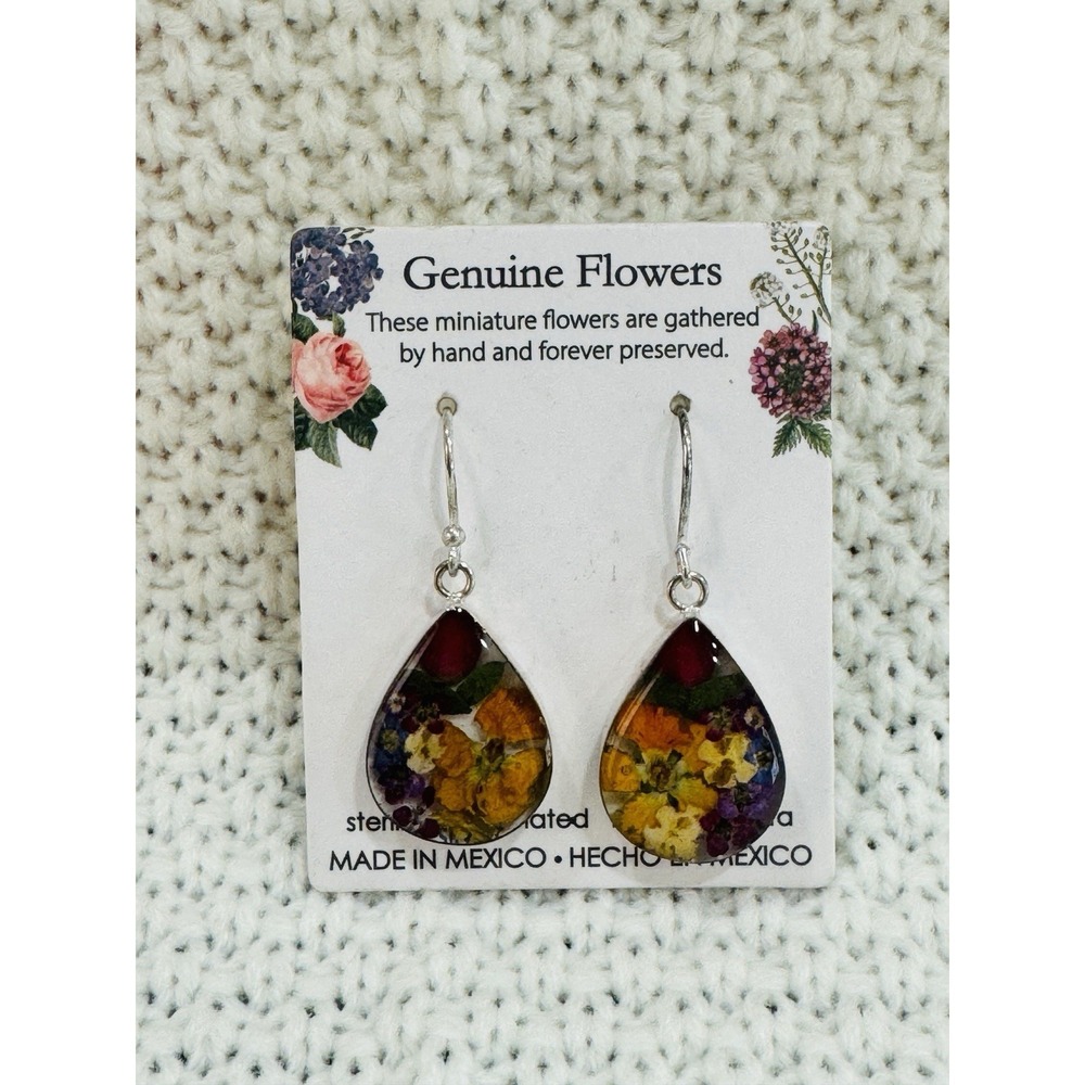 Genuine Flower Earrings Mexico Sterling Silver Plated Teardrop Dangle